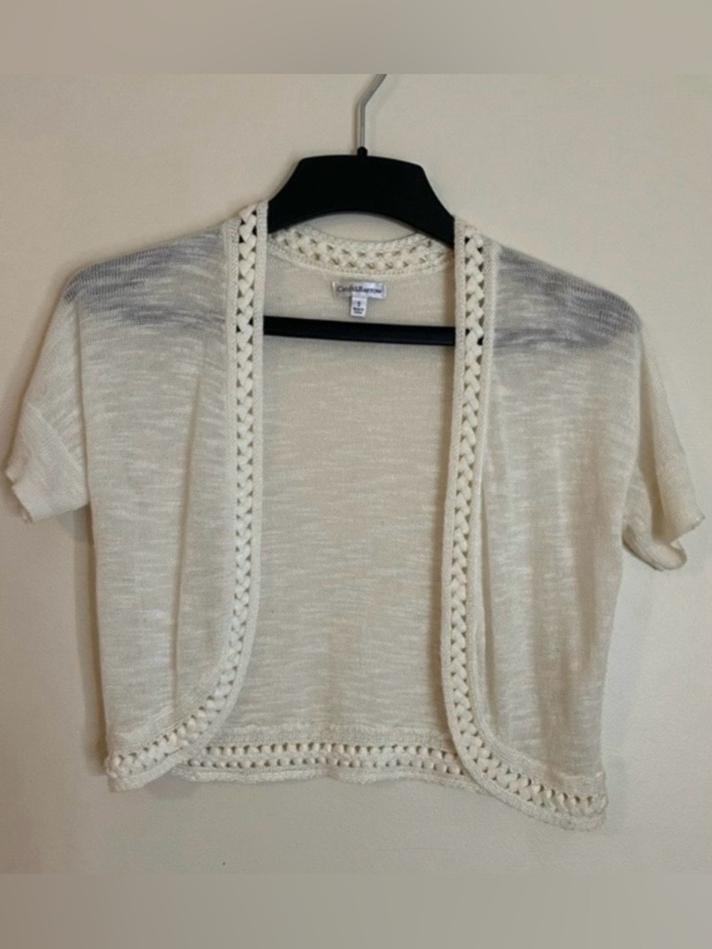 croft & barrow Ramie blend Cream Open-Front Cropped Cardigan with Crochet Trim
